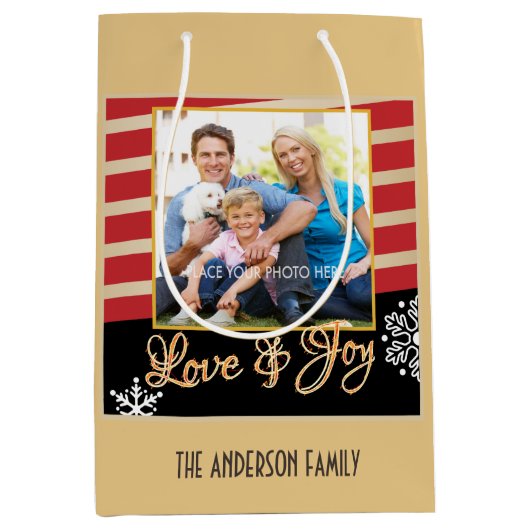 愛と喜び、フォトクリスマパーソナライズされたス ミディアムペーパーバッグ (正面)