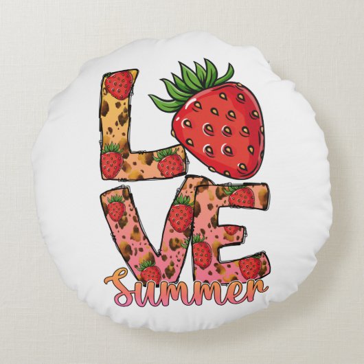 愛と夏 | ピンクとブラウン | 生のイチゴ ラウンドクッション (裏面)