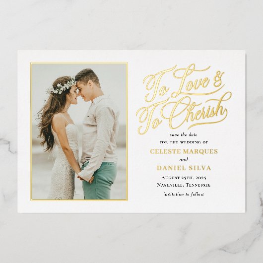 愛と大切なフォイル結婚式は日付カードを保存 箔招待状 (正面)