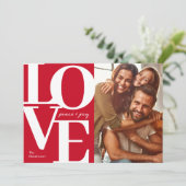 愛と平和と喜びのクリスマス 赤い家族写真 シーズンカード (スタンド正面)