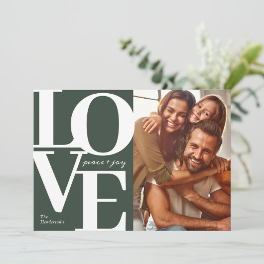愛と平和と喜びクリスマスグリーンファミリーフォト シーズンカード (スタンド正面)