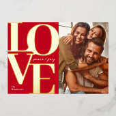 愛と平和と喜びクリスマス赤の家族の写真 箔シーズンカード (正面)