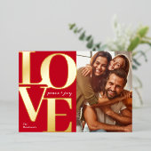 愛と平和と喜びクリスマス赤の家族の写真 箔シーズンカード (立ち正面)