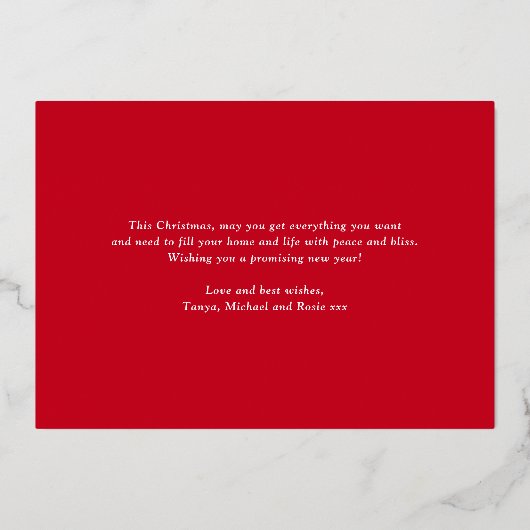 愛と平和と喜びクリスマス赤の家族の写真 箔シーズンカード (裏面)