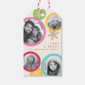 愛と平和のカラフルな雪の結晶の写真ホリデー ギフトタグ (正面)