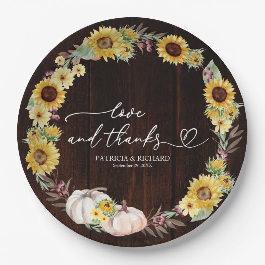 愛と感謝していひまわりカボチャ結婚の ペーパープレート (正面)