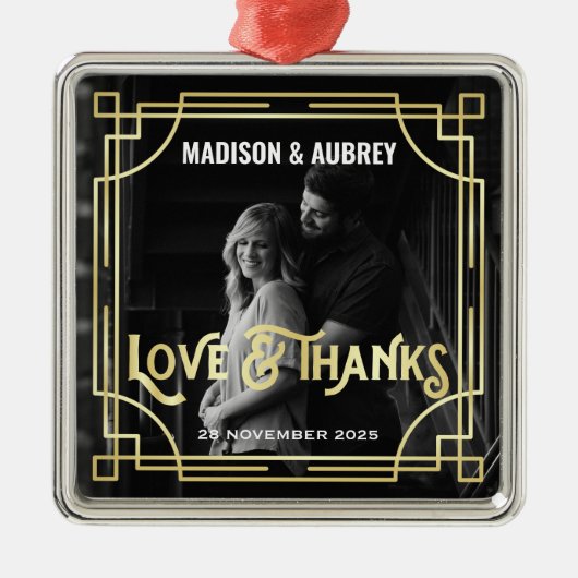 愛と感謝していアールデコの結婚金ゴールド写真の追加 メタルオーナメント (正面)