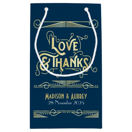 愛と感謝していアールデコの結婚金ゴールド・ブルー スモールペーパーバッグ (裏面)