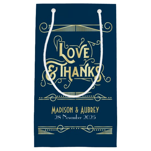 愛と感謝していアールデコの結婚金ゴールド・ブルー スモールペーパーバッグ (正面)