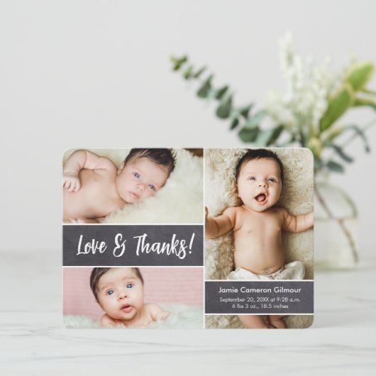 愛と感謝していカスタム写真コラージュ赤ちゃんシャワー サンキューカード (スタンド正面)