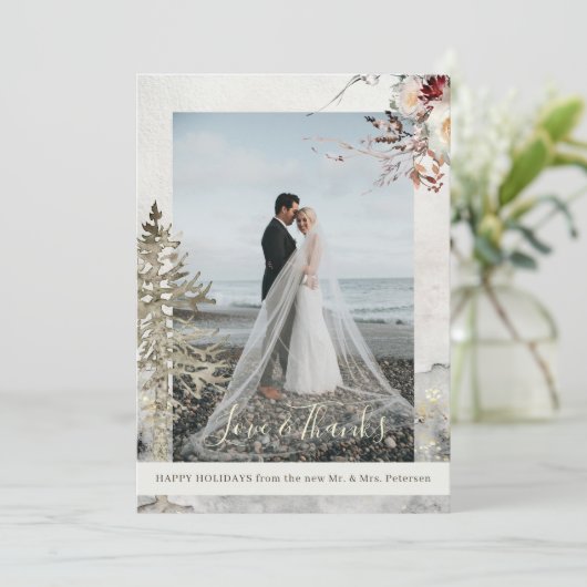 愛と感謝していクリスマス休暇の新婚の写真 シーズンカード (スタンド正面)