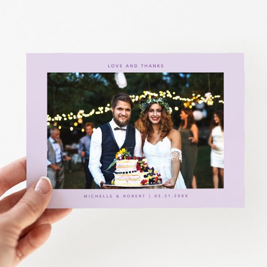 愛と感謝していシンプルの写真結婚薄紫 サンキューカード