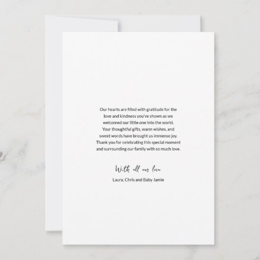 愛と感謝していタイポグラフィベビー写真誕生 案内状 (裏面)