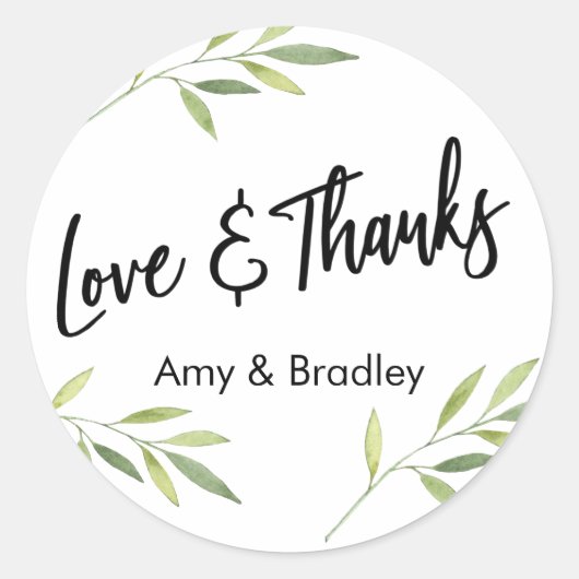 愛と感謝していタイポグラフィ、緑の水色の葉 ラウンドシール (正面)