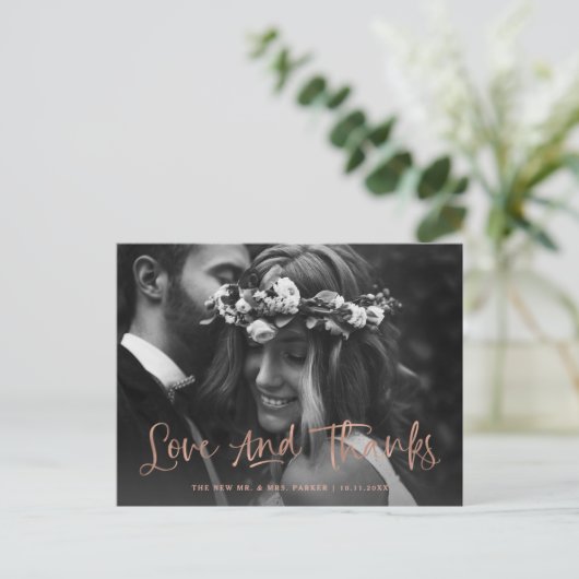 愛と感謝していバラの金ゴールド結婚写真、ありがとう ポストカード (スタンド正面)