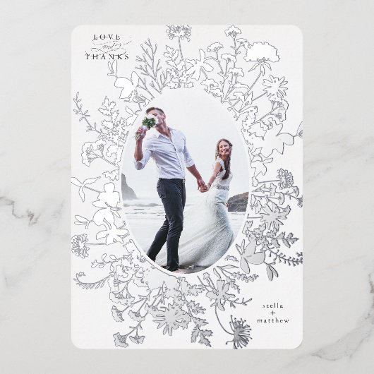 愛と感謝していフローラシルバーフォイルサンキューカード 箔招待状 (正面)