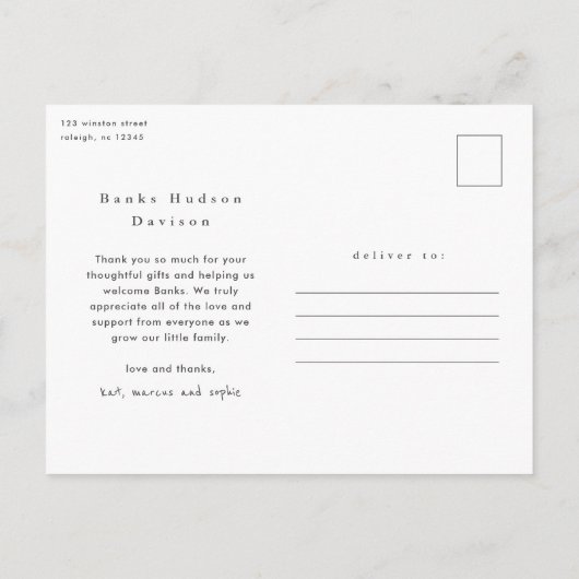 愛と感謝していベビー写真誕生のお知らせ ポストカード (裏面)