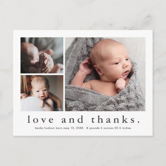 愛と感謝していベビー写真誕生のお知らせ ポストカード (正面)