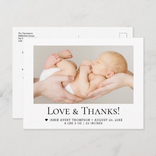 愛と感謝していベビー写真誕生のお知らせ ポストカード (正面/裏面)