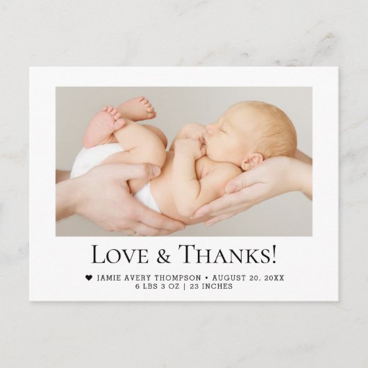 愛と感謝していベビー写真誕生のお知らせ ポストカード (正面)