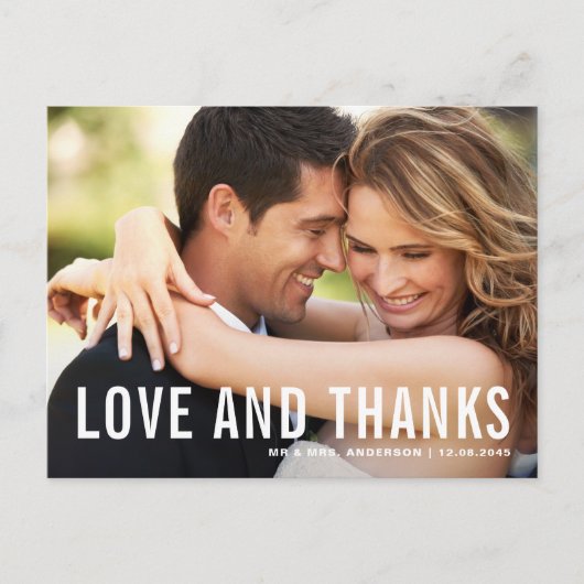 愛と感謝していモダンタイポグラフィ写真結婚の ポストカード (正面)