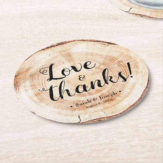 愛と感謝していユニーク素朴結婚式の引き出物 ラウンドペーパーコースター (アングル)
