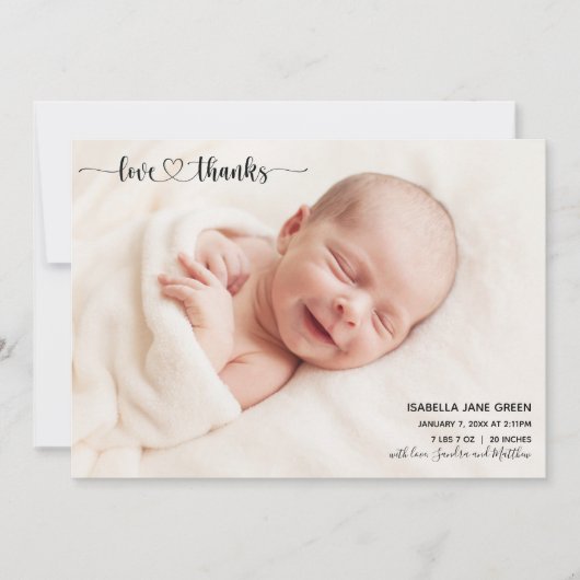 愛と感謝してい出産告知フォトカード 案内状 (正面)