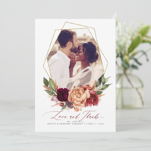 愛と感謝してい秋の結婚式ありがとうフォトカード 招待状 (スタンド正面)