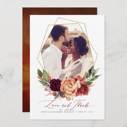 愛と感謝してい秋の結婚式ありがとうフォトカード 招待状 (正面/裏面)