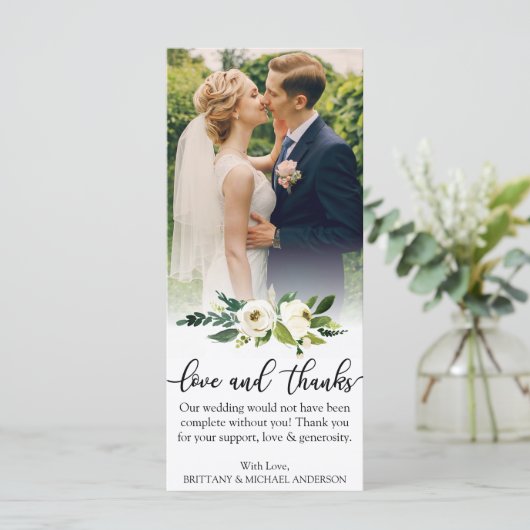 愛と感謝してい緑のフローラの結婚写真カード カード (スタンド正面)