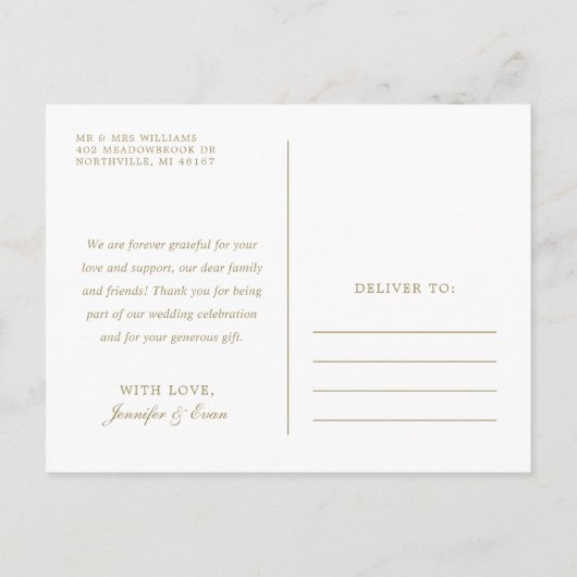 愛と感謝してい赤面の金ゴールド写真の結婚ありがとう ポストカード (裏面)