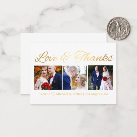 愛と感謝してい金ゴールドシックの結婚3つの写真コラージュ ノートカード (正面/裏面インサイチュ)