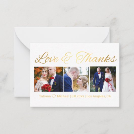 愛と感謝してい金ゴールドシックの結婚3つの写真コラージュ ノートカード (正面)