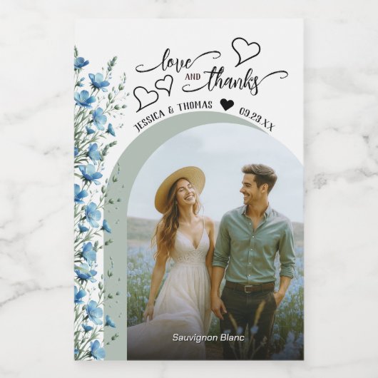 愛と感謝してい青の野の花結婚の写真ミニ ワインラベル (シングルラベル)
