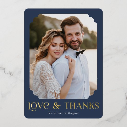 愛と感謝してい青金ゴールド結婚のサンキューカード 箔招待状 (正面)