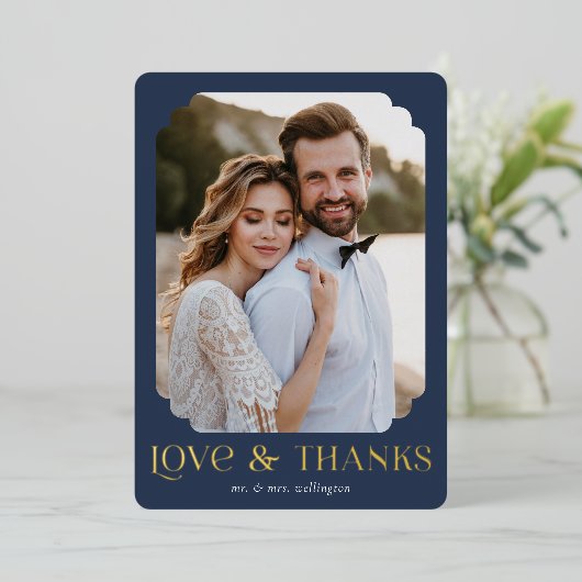 愛と感謝してい青金ゴールド結婚のサンキューカード 箔招待状 (立ち正面)