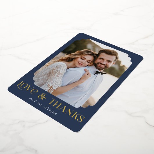 愛と感謝してい青金ゴールド結婚のサンキューカード 箔招待状 (回転した状態)