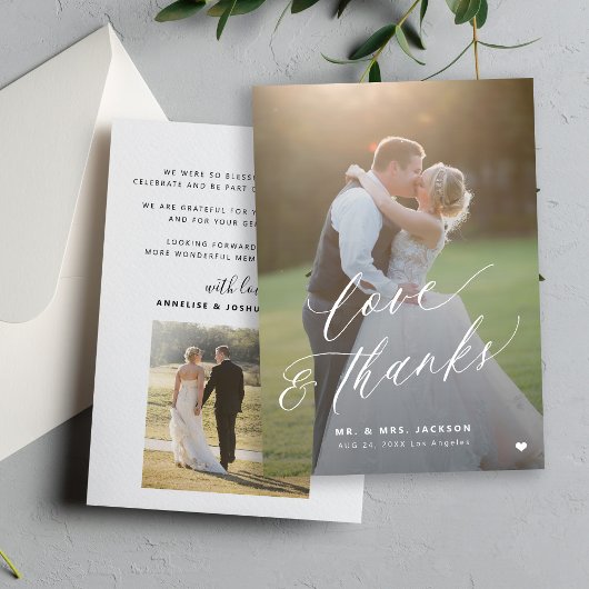 愛と感謝してい2枚の写真のエレガントスクリプ結婚ト サンキューカード