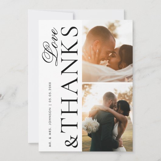 愛と感謝してい2枚の写真エレガモダンントな結婚式 サンキューカード (正面)