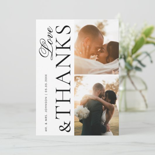 愛と感謝してい2枚の写真エレガモダンントな結婚式 サンキューカード (スタンド正面)