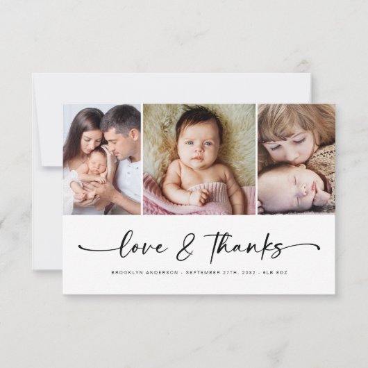 愛と感謝してい |写真モダン3枚の新生児 サンキューカード (正面)