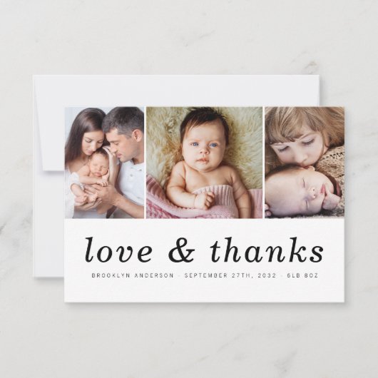 愛と感謝してい |写真3枚の新生児 サンキューカード (正面)