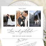 愛と感謝と写真モノグラム結婚の サンキューカード<br><div class="desc">感謝してい3枚の写真エレガントコラージュの結婚サンキューカードモノグラムの!エレガンスシンプルと優雅さに満ちたクリーンとデザイン白と黒。手書きの「愛と感謝と」の句モダンを書書で。バックあなたのエレガントメッセージのためのカップルのイニシャルと領域と手描きモノグラム。簡単テンプレートを追加できる場所Zazzleは、すべての作業を行い、あなたのために右の長方形の形状、サイズと位置でそれらを追加する！後で個々の個人的なメッセージを手渡すことができるように、背面の「印刷された」メッセージを追加する機能 – または離れ文字セクションを追加する空白の。いくつかのサイズオプションで使用可能。当社の「エレガンスミニマル・ブラック&ホワイト・モノグラム」コレクションの一部結婚で、様々な調整製品を提供。コレクション全体のアクセス： https://www.zazzle.com/collections/elegance_minimal_black_and_white_monogram_wedding-119677926842478970</div>