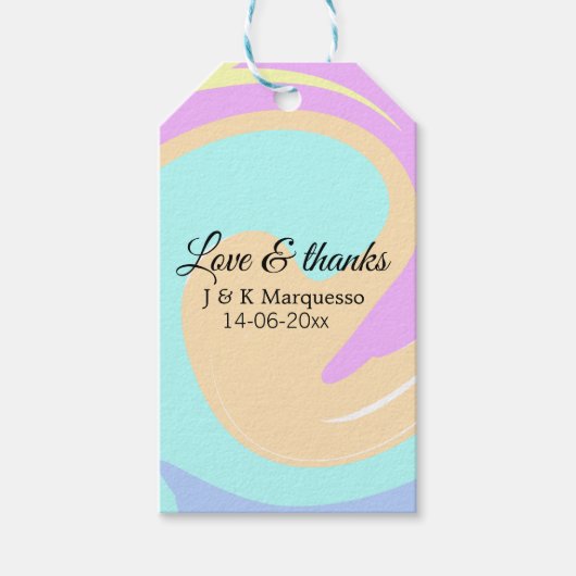 愛と感謝のカラフルな大理石の結婚式の名前 ギフトタグ (正面)