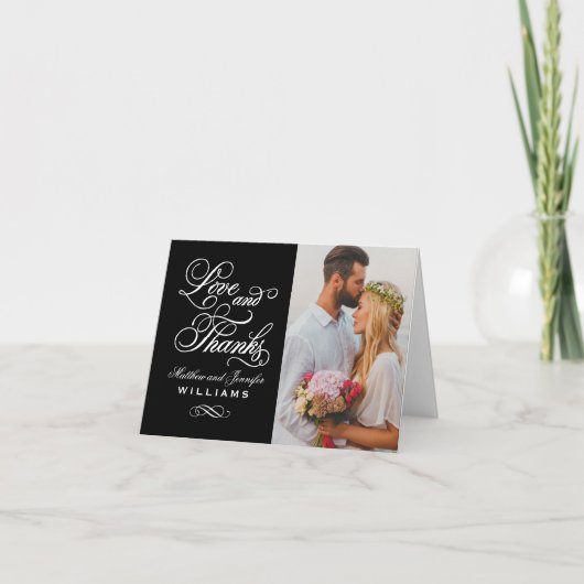愛と感謝のブラック&ホワイト結婚式写真 サンキューカード (正面)