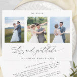 愛と感謝の写真エレガントと結婚共に サンキューカード<br><div class="desc">感謝してい3枚の写真エレガントコラージュのサンキューカード結婚で！エレガンスシンプルと優雅さに満ちたクリーンとデザイン白と黒。手書きの「愛と感謝と」の句モダンを書書で。簡単テンプレートを追加できる場所Zazzleは、すべての作業を行い、あなたのために右の長方形の形状、サイズと位置でそれらを追加する！後で個々の個人的なメッセージを手渡すことができるように、背面の「印刷された」メッセージを追加する機能 – または離れ文字セクションを追加する空白の。いくつかのサイズオプションで使用可能。</div>
