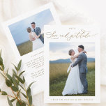 愛と感謝の気持ちエレガント、写真結婚のtha サンキューカード<br><div class="desc">お客様感謝していのエレガントなウェディング写真サンキューカードと繊細な手書フォイルで「愛と感謝」のフレーズとモダンお書客様の金ゴールド。デザイン2つの写真テンプレートの1つは前面に、1つは背面に。後で産業メッセージを手渡すことができるように、背面に「印刷された」離れメッセージを追加する機能 – またはのセクショ書ンを追加する。エレガント、シンプル白とスタイリッシュ金ゴールドデザイン。白と黒の同じサンキューカードも利用可能。いくつかのサイズオプションから選択する。</div>