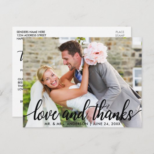 愛と感謝の現代的なウェディング Mr. and Mrs. ポストカード (正面/裏面)