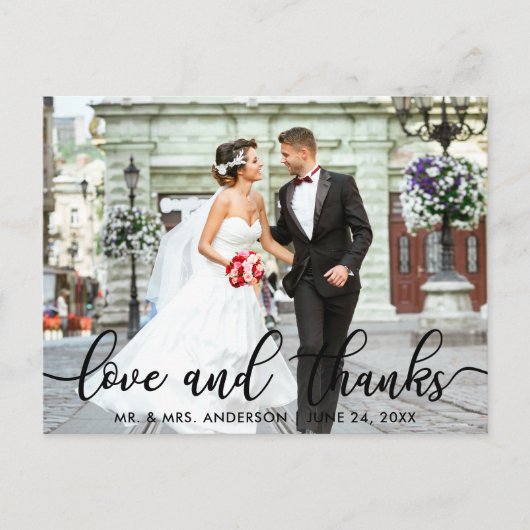 愛と感謝の現代的な結婚式の写真お礼カード ポストカード (正面)