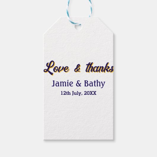 愛と感謝の紫オレンジカップル名と日付 ギフトタグ (正面)